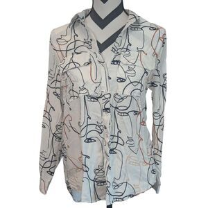Milk & Honey Abstract Face Print Blouse M Long Sleeve Button Up Rayon